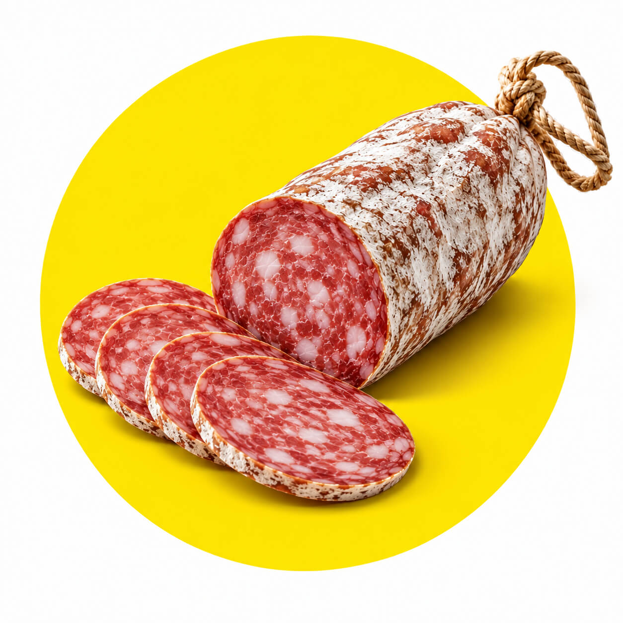 Wurst-Scheiben Salami auf gelbem Kreis – gutes Marketing braucht die richtige Strategie statt möglichst vieler Maßnahmen